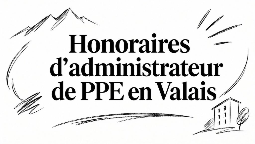 Croquis de montagnes et d’un petit immeuble autour du titre « Honoraires d’administrateur de PPE en Valais »