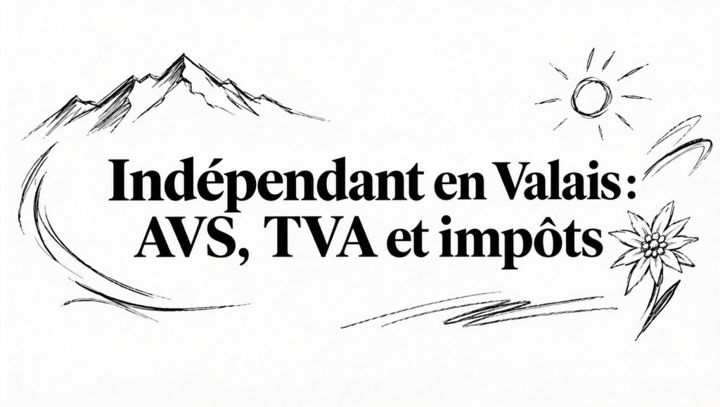 Croquis de montagnes, d’un soleil et d’un edelweiss autour du titre « Indépendant en Valais : AVS, TVA et impôts »