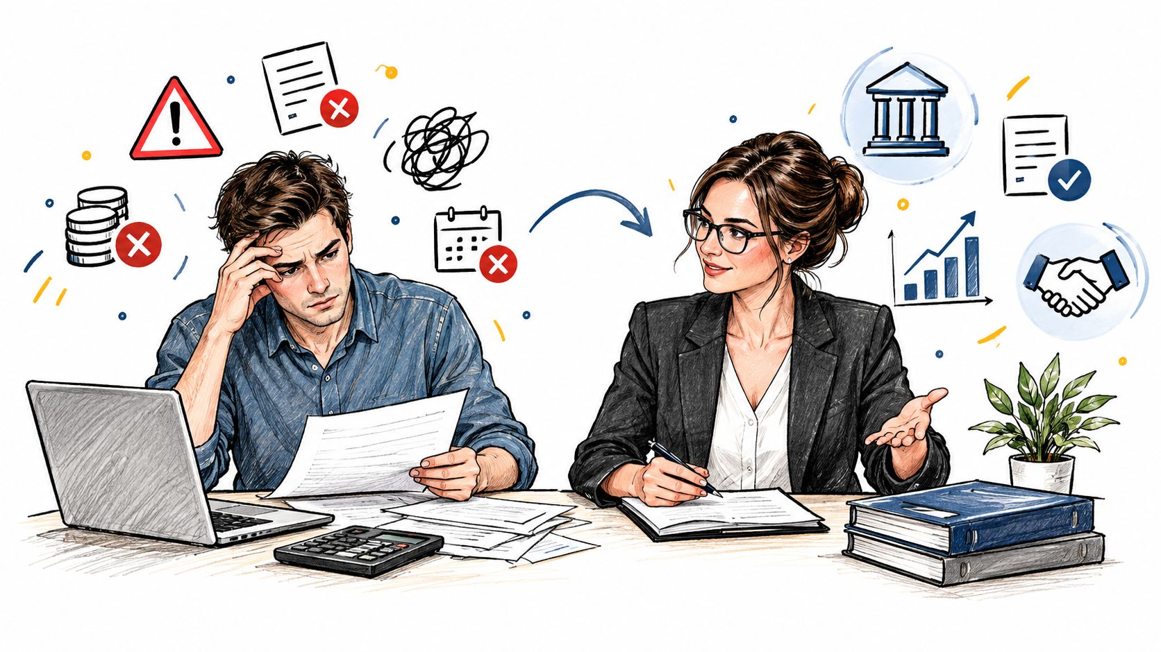 Un travailleur indépendant stressé consulte une experte en comptabilité pour ses démarches administratives et financières au Valais.