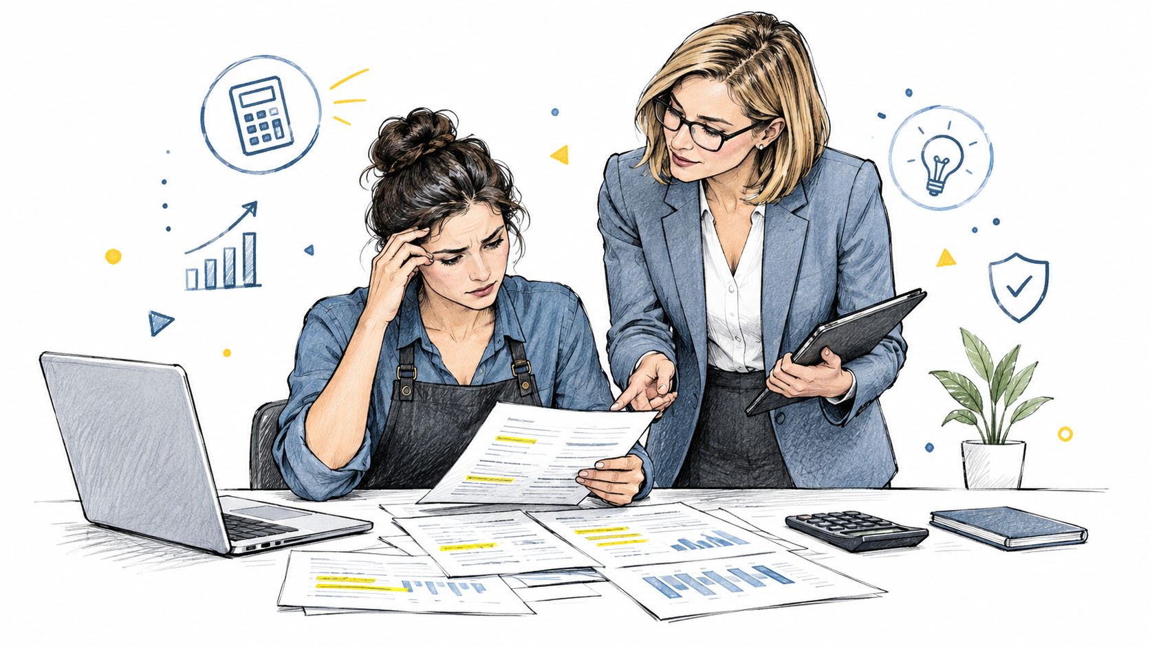 Une entrepreneuse stressée examinant des documents financiers avec l'aide d'une consultante dans un bureau professionnel.