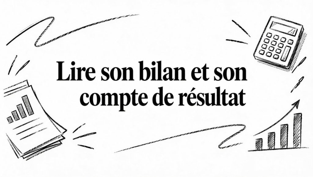 Titre « Lire son bilan et son compte de résultat » et croquis au crayon de documents, d’une calculatrice et d’un graphique