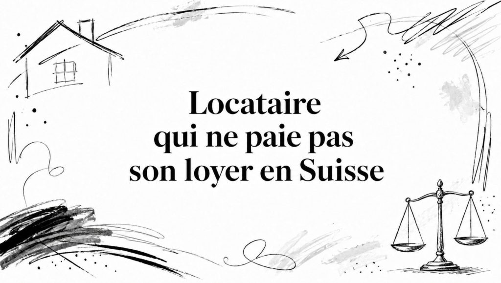 Titre « Locataire qui ne paie pas son loyer en Suisse » entre une maison esquissée et une balance de la justice au crayon