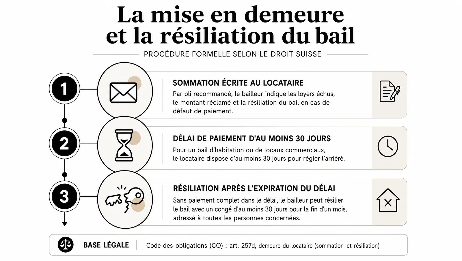 Infographie loyer impayé en Suisse : sommation écrite, délai de paiement de 30 jours et résiliation du bail (art. 257d CO)