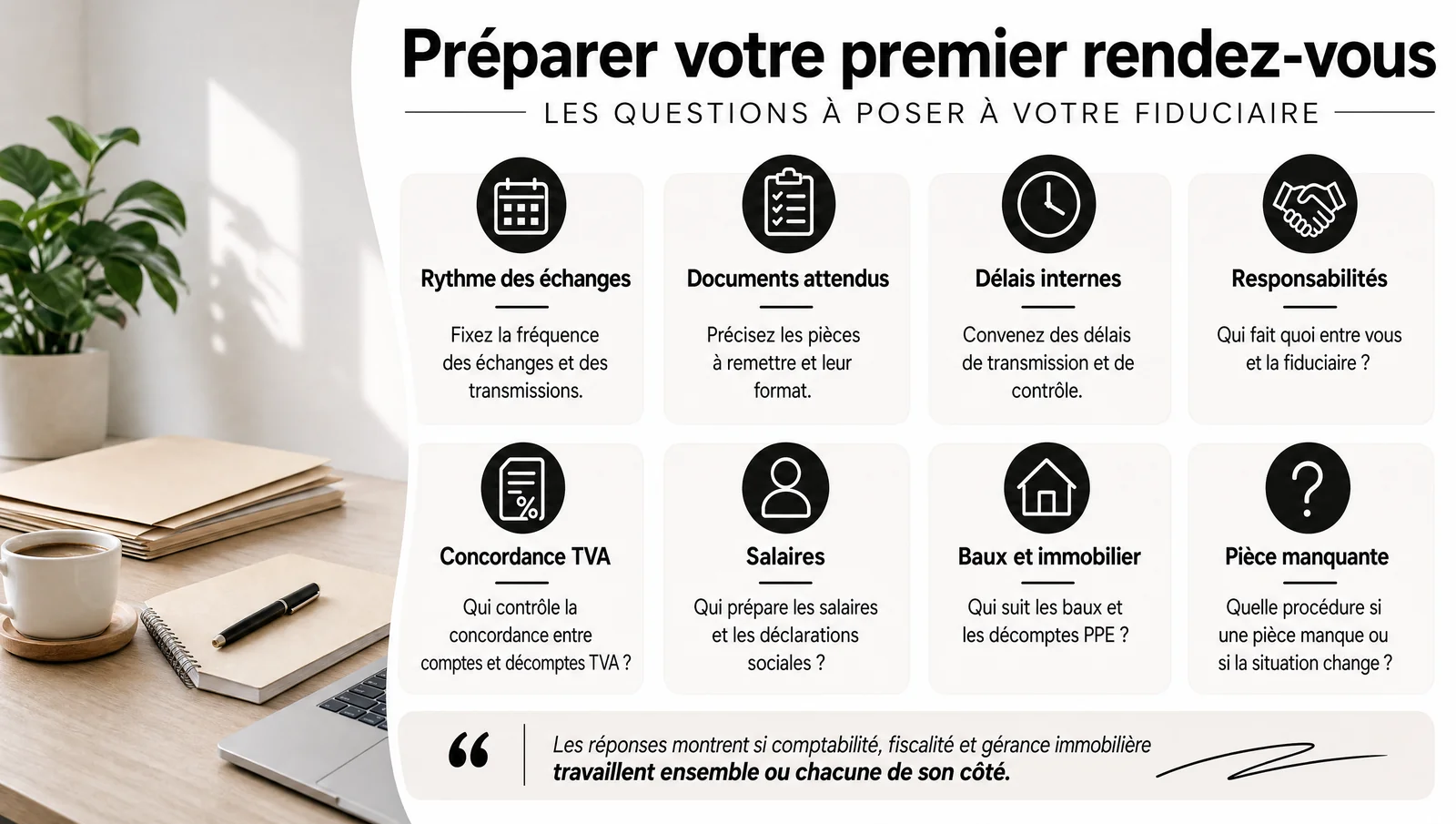 Huit questions à poser à sa fiduciaire au premier rendez-vous : échanges, documents, délais, TVA, salaires et baux