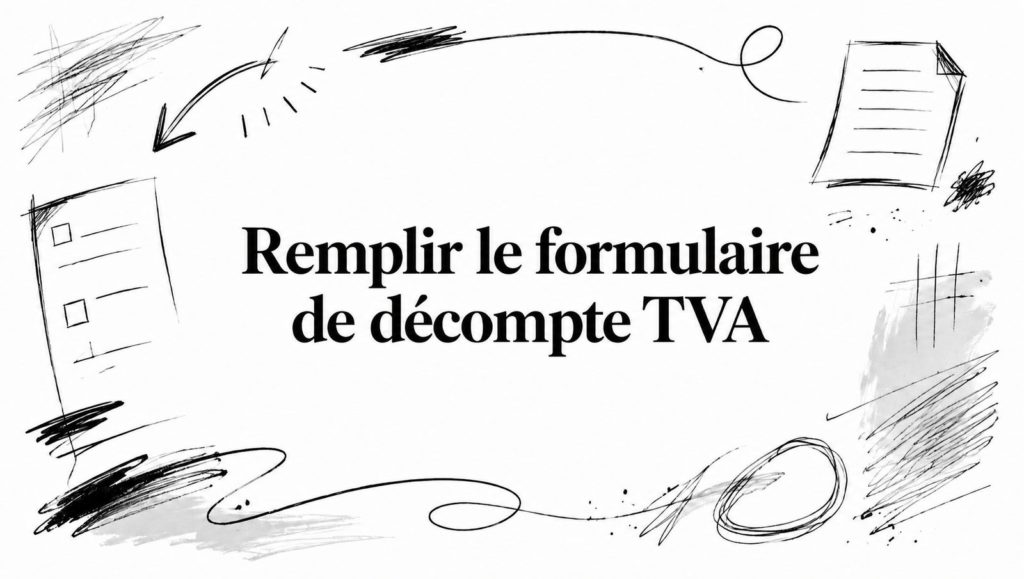 Titre « Remplir le formulaire de décompte TVA » entouré de croquis au crayon : liste à cocher, feuille et flèche