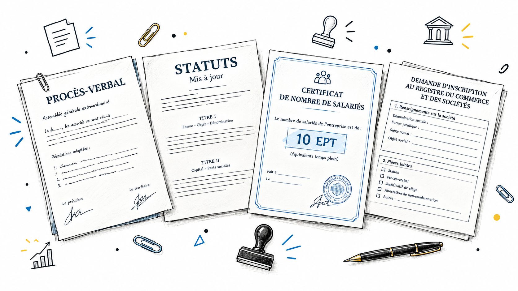 Ensemble de documents officiels nécessaires pour les formalités administratives et juridiques d'une entreprise.