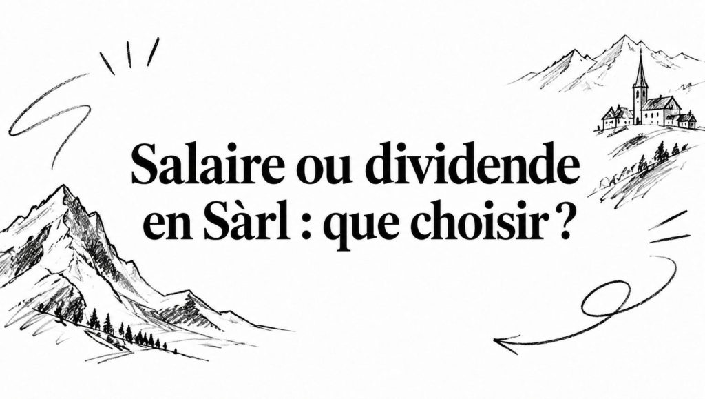 Titre « Salaire ou dividende en Sàrl : que choisir ? » entouré de croquis au crayon de montagnes et d’un village avec clocher
