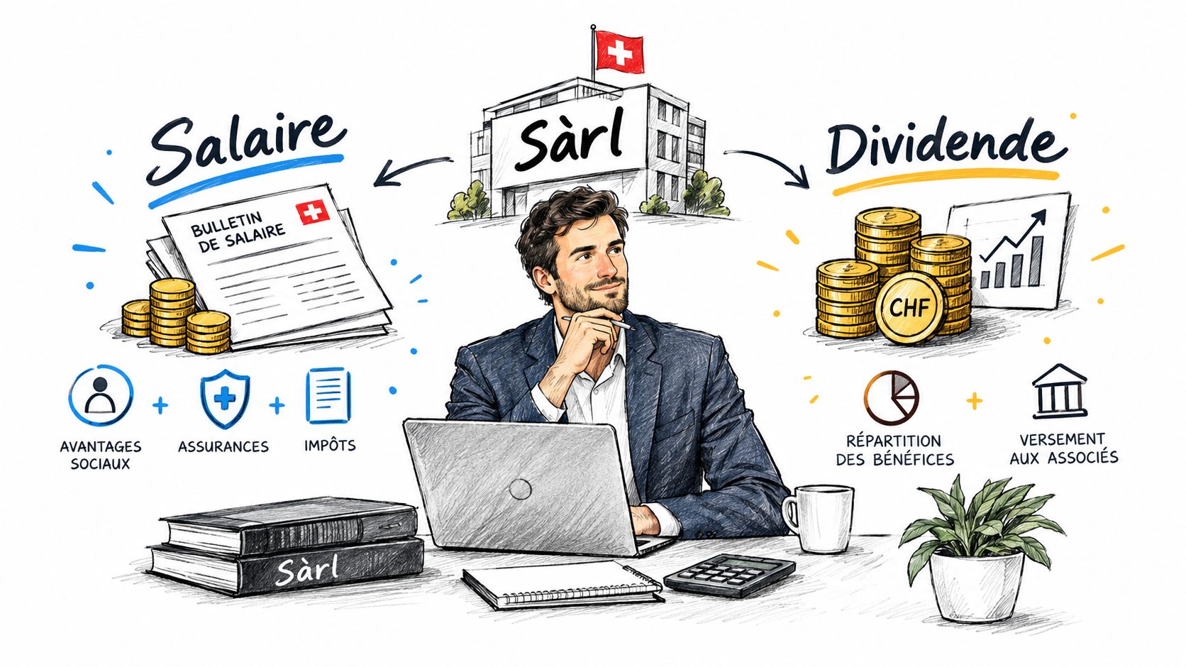Homme d'affaires réfléchissant au choix entre un salaire ou un dividende pour sa Sàrl en Suisse.
