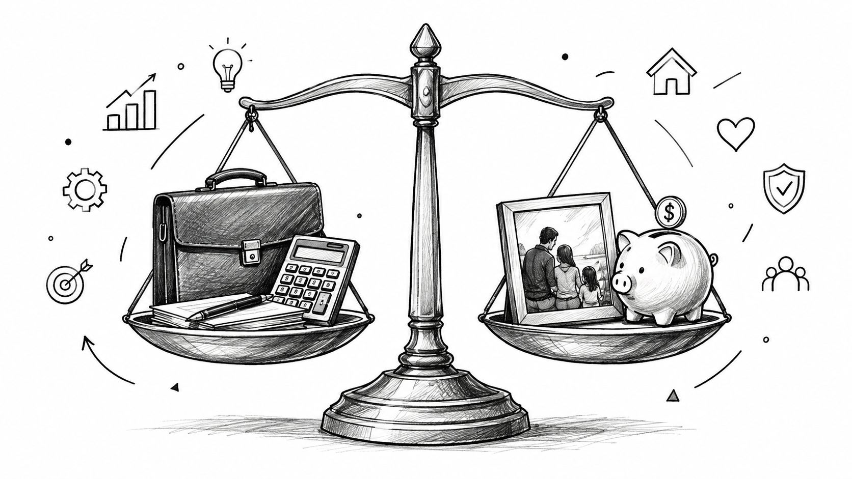 Une balance illustrant l'équilibre entre la vie professionnelle et la vie familiale avec des objets symboliques.