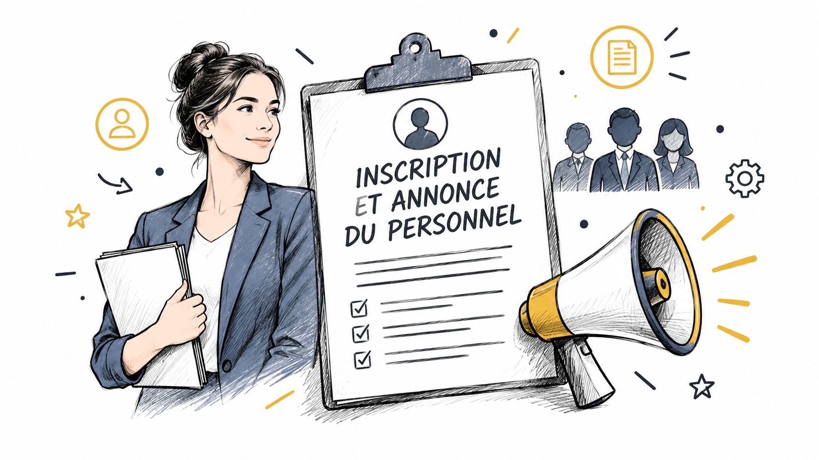 Une femme d'affaires présentant une annonce pour l'inscription et le recrutement de personnel avec un mégaphone.