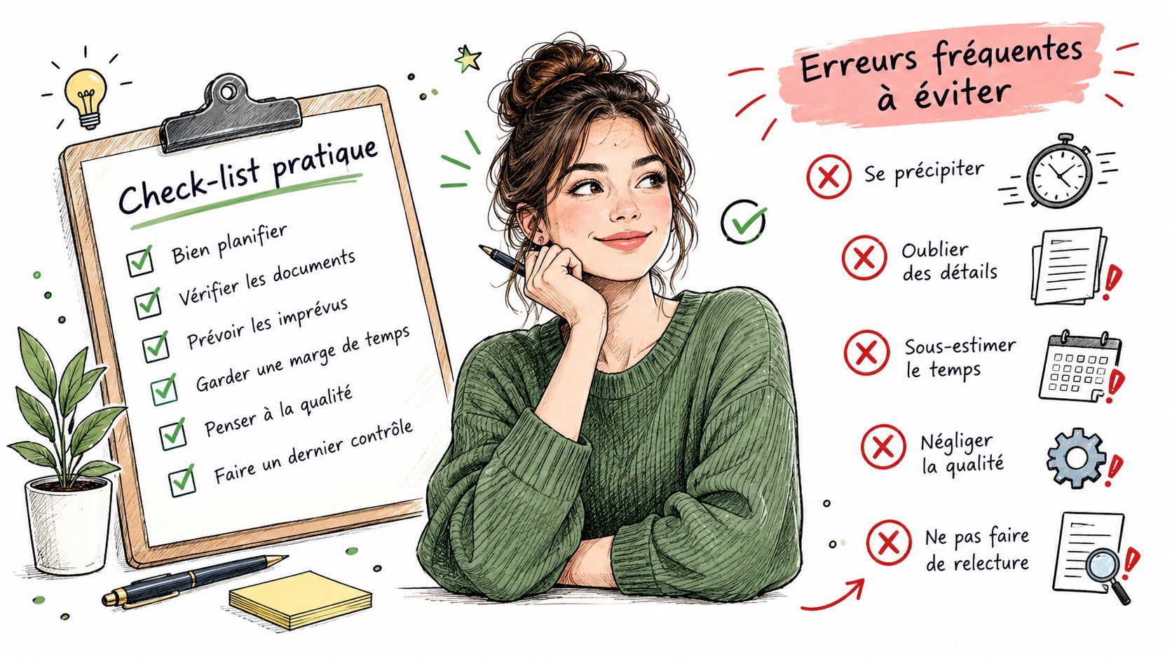 Une illustration d'une femme avec une liste de contrôle pratique et les erreurs courantes à éviter.