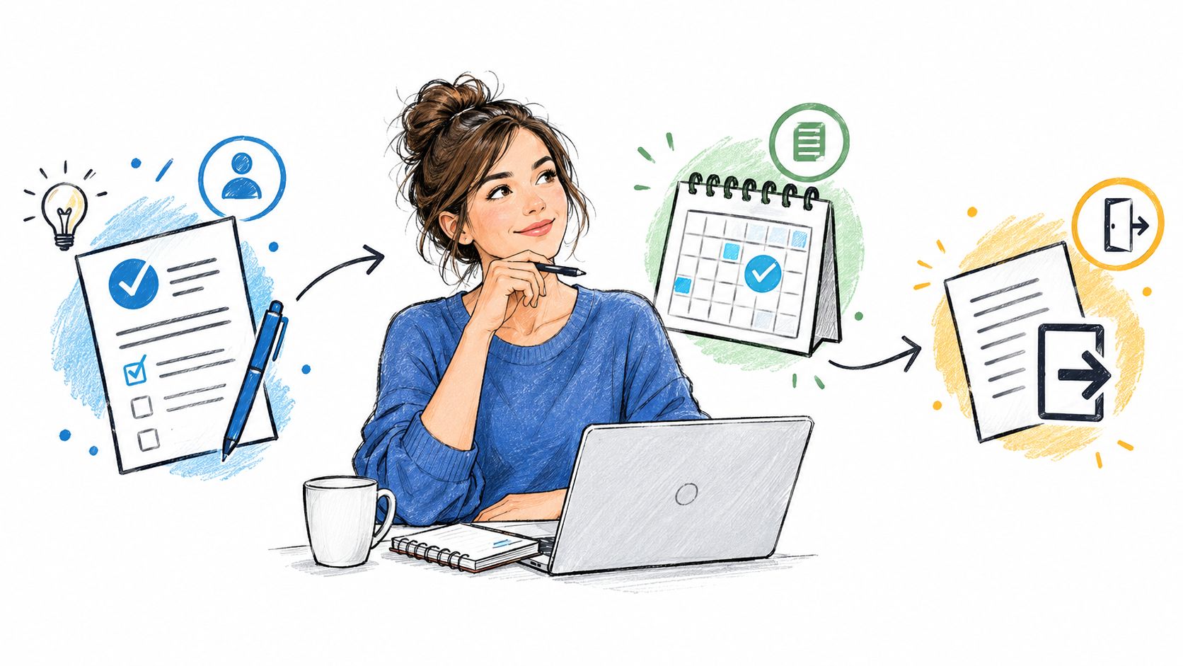 Une femme réfléchit devant son ordinateur portable entourée d'icônes illustrant la planification administrative et le travail.