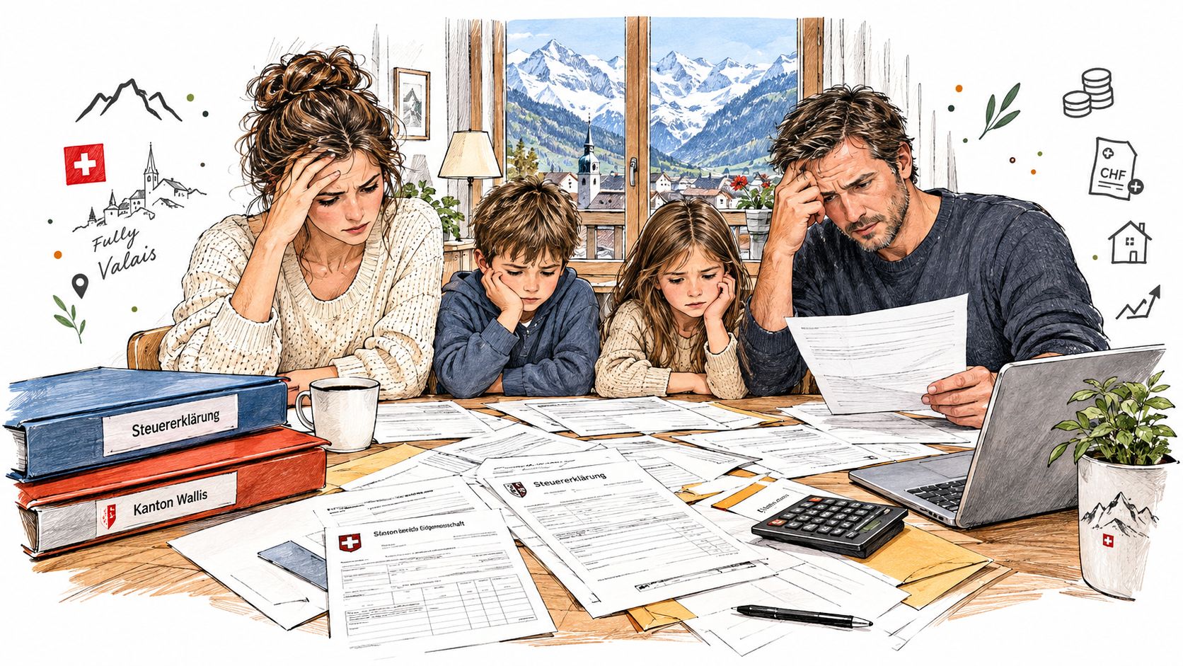 Une famille suisse stressée devant des documents de déclaration d'impôt dans le canton du Valais.