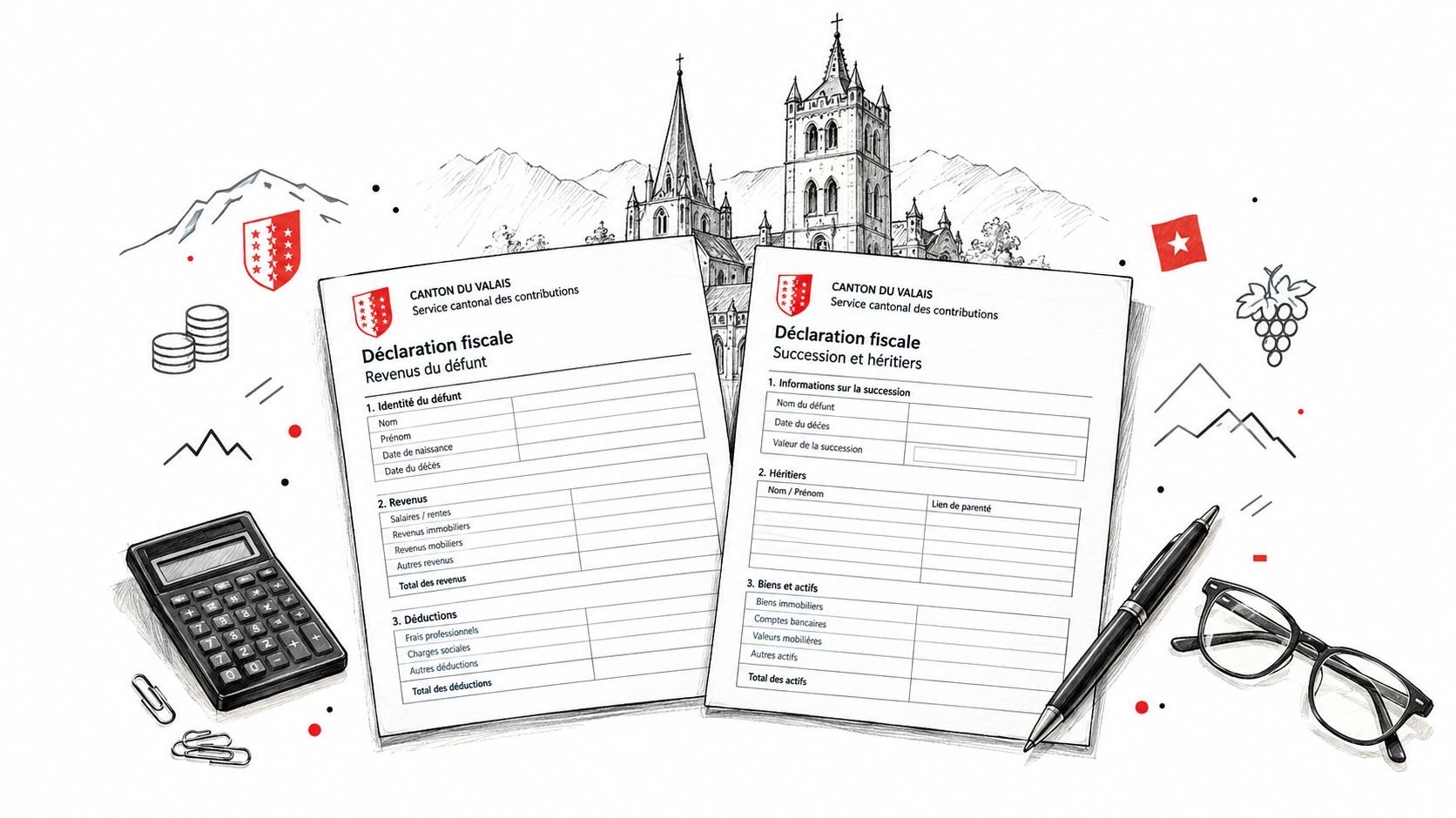 Deux formulaires de déclaration fiscale du canton du Valais disposés sur un bureau avec divers accessoires de bureau.