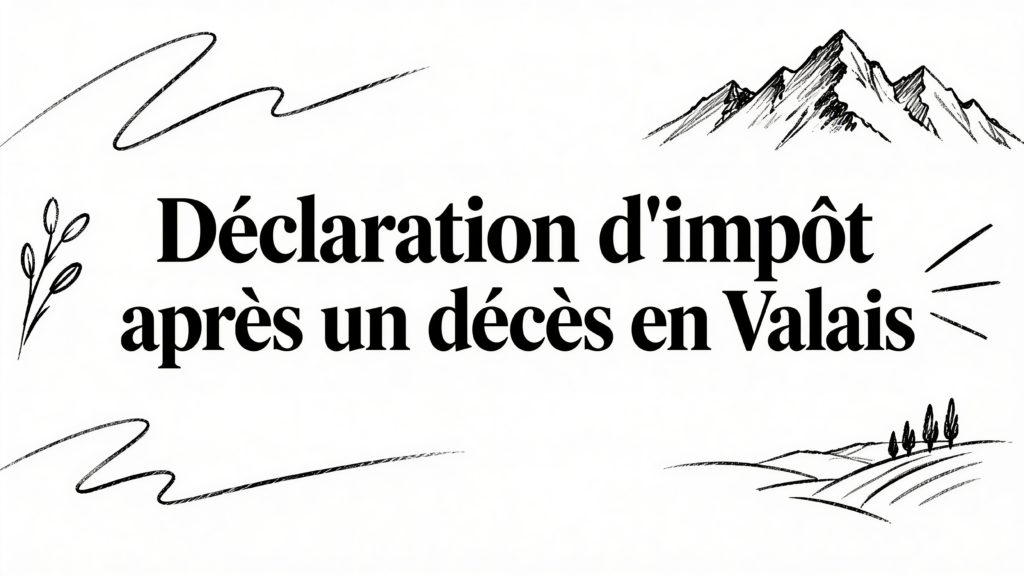 Croquis à l'encre d'un sommet, d'un rameau et de collines boisées, autour d'un titre sur la fiscalité après un décès