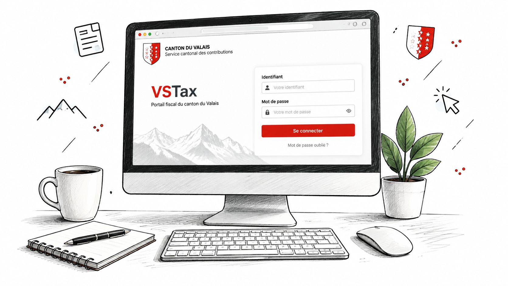 Illustration d'un écran d'ordinateur affichant la page de connexion du portail VSTax du canton du Valais