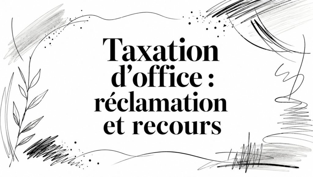 Titre « Taxation d’office : réclamation et recours » entouré d’un rameau feuillu et de traits de crayon noirs et gris