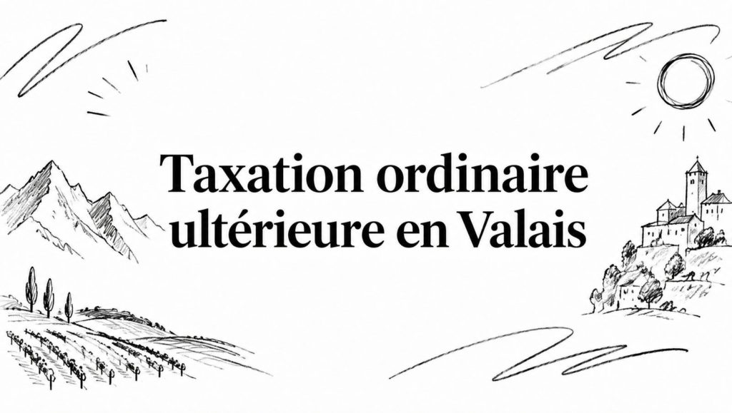 Titre « Taxation ordinaire ultérieure en Valais » entouré de croquis au crayon : montagnes, vignes, château et soleil