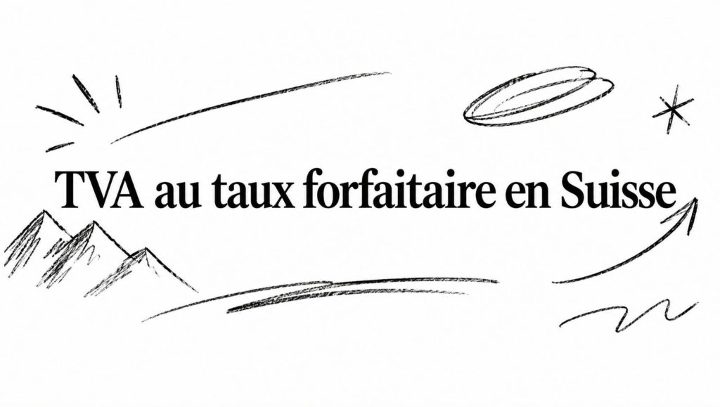 Titre « TVA au taux forfaitaire en Suisse » entouré de croquis au crayon : montagnes, flèche montante et traits d’encre