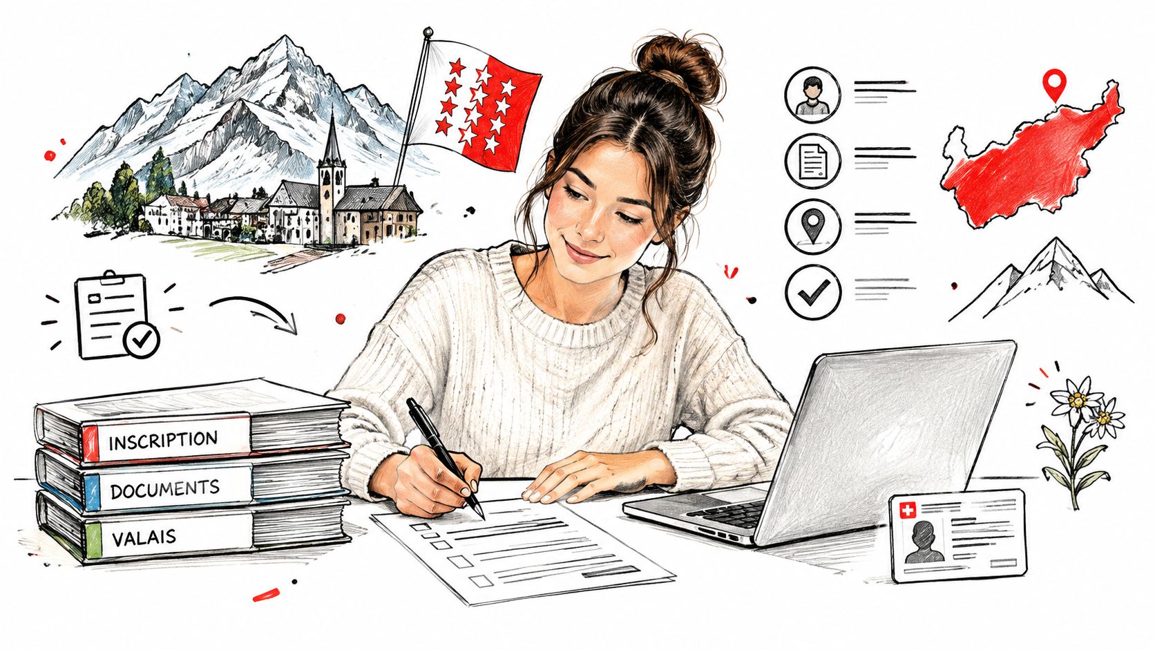 Une jeune femme remplit des documents administratifs liés au statut d'indépendant AVS dans le canton du Valais.