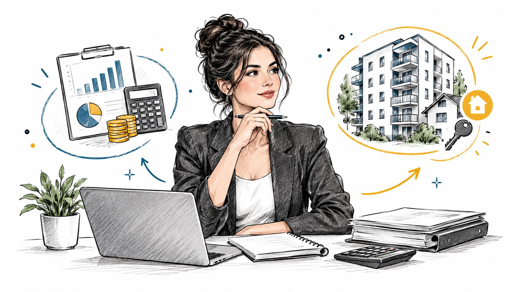 Une femme d'affaires réfléchit à la gestion financière et à l'investissement immobilier dans son bureau professionnel.