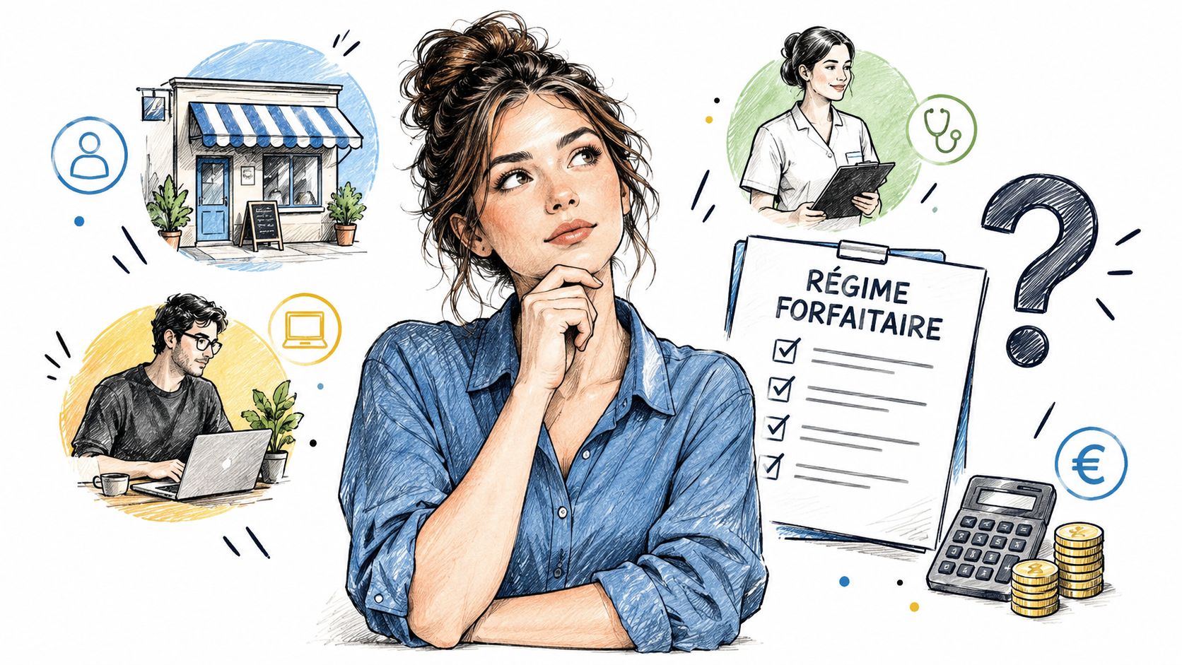 Une femme réfléchit aux options du régime forfaitaire avec des illustrations de travail, de commerce et finances.