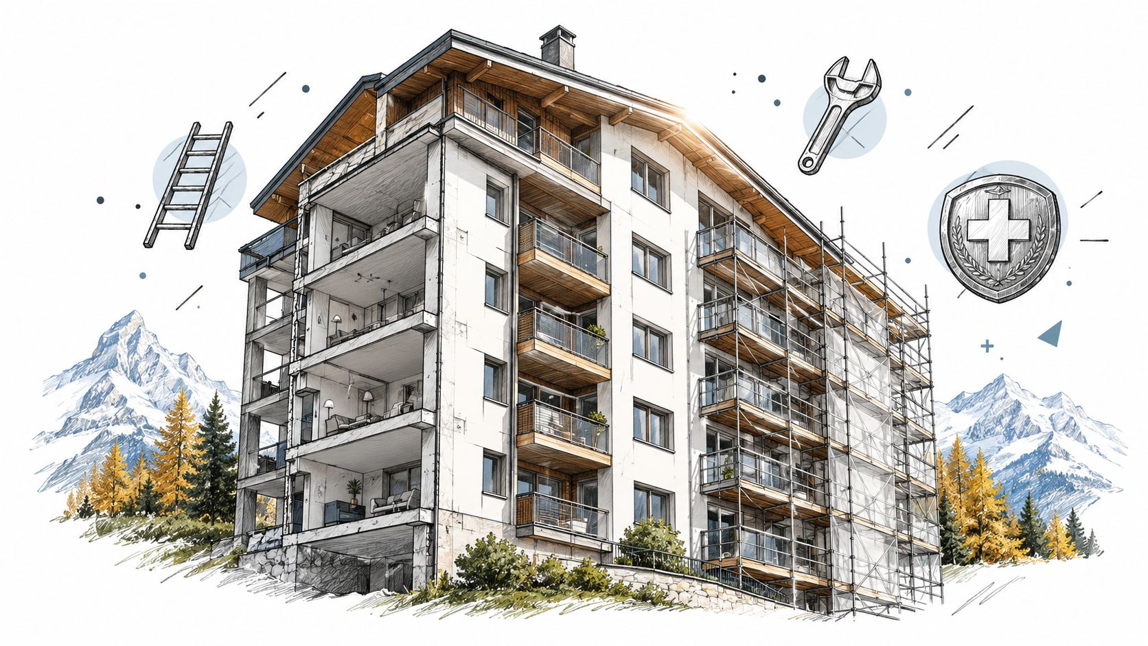 Immeuble en rénovation dans les montagnes valaisannes, entouré de symboles de travaux, de maintenance et d'assurance immobilière.