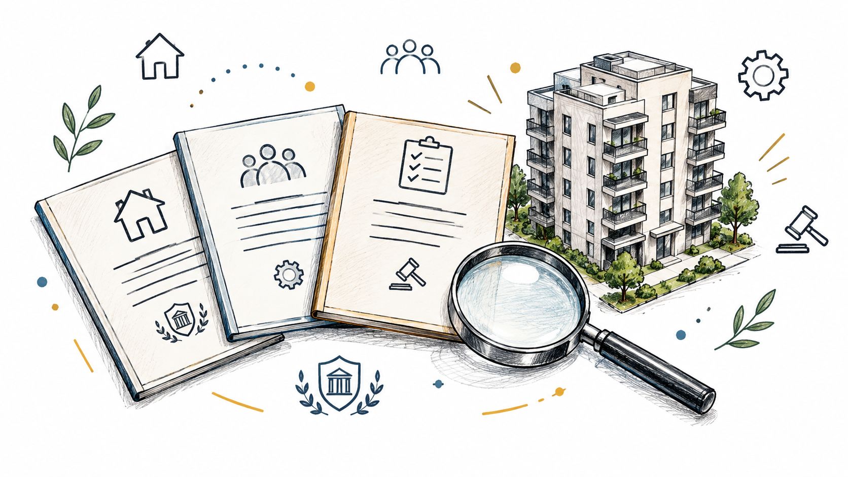 Illustration montrant des documents juridiques, une loupe et un immeuble résidentiel pour une gestion immobilière en copropriété.