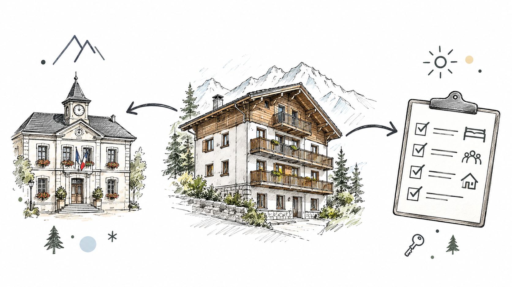 Illustration montrant la relation entre une mairie, un immeuble résidentiel en copropriété et une liste de vérification.