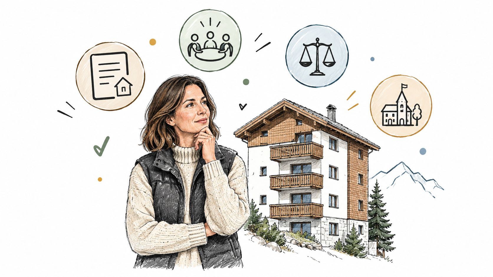 Une femme réfléchit à un projet immobilier en Valais avec des icônes de gestion de copropriété.