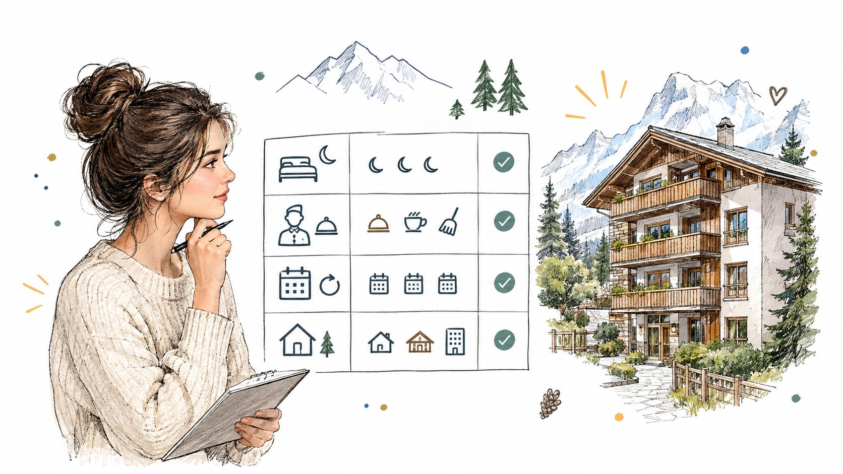 Une jeune femme réfléchissant à la location d'un appartement de vacances dans un chalet dans le Valais.