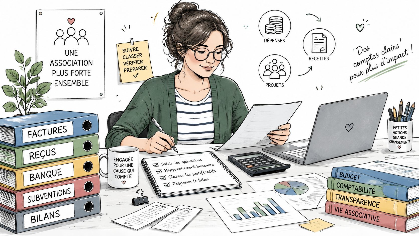 Une femme gère la comptabilité d'une association avec des dossiers, un ordinateur et des documents financiers sur son bureau.