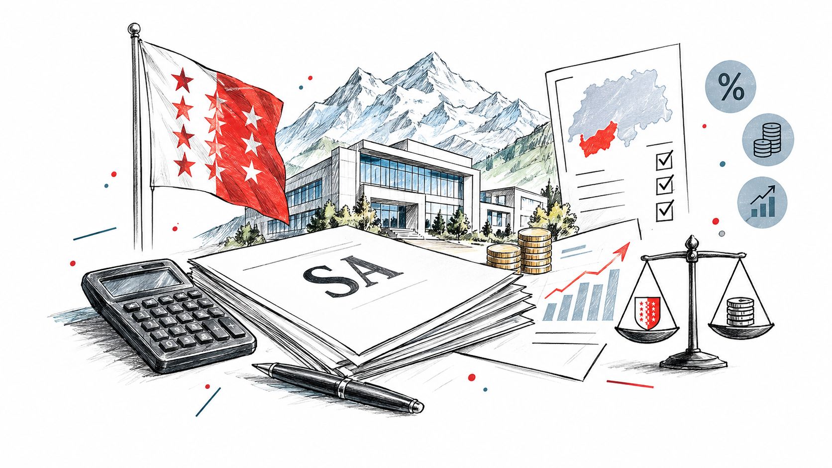 Illustration montrant les étapes administratives et financières pour transformer une SARL en société anonyme dans le Valais.