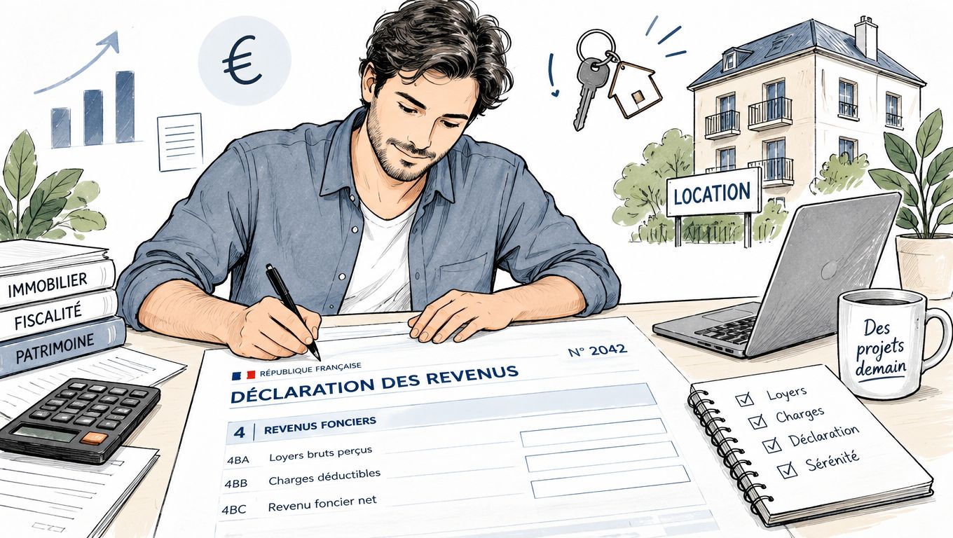 Un homme remplit sa déclaration de revenus immobiliers en travaillant sur des documents financiers à son bureau.