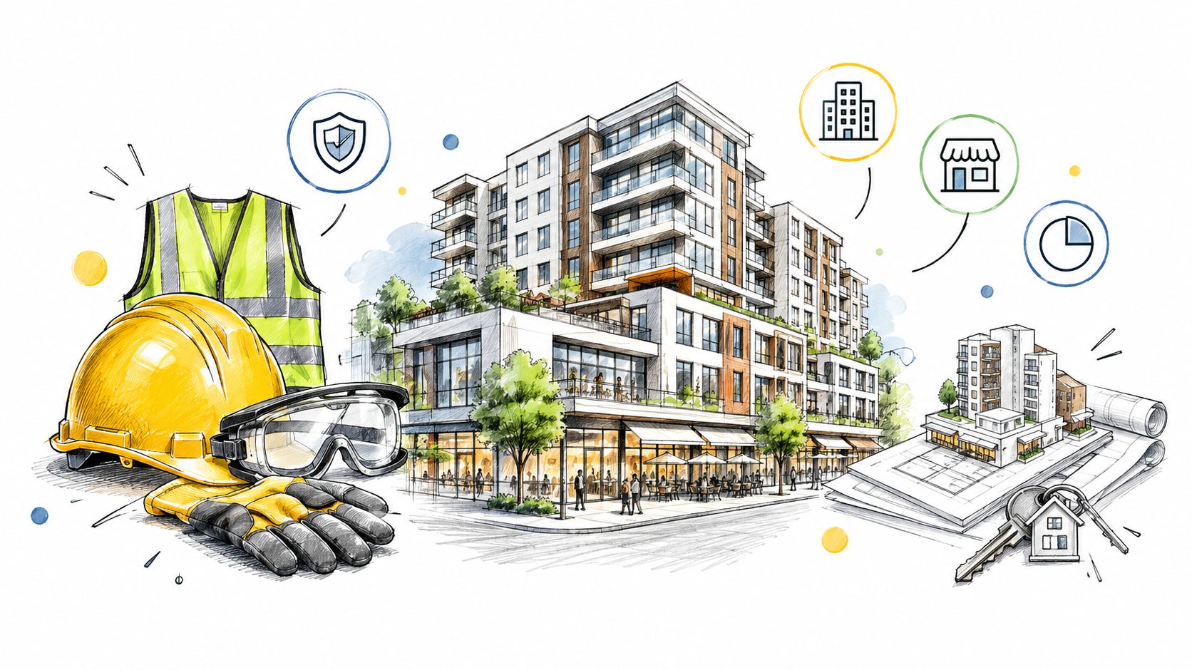 Illustration montrant des équipements de chantier, des plans architecturaux et un immeuble moderne pour la gestion immobilière.