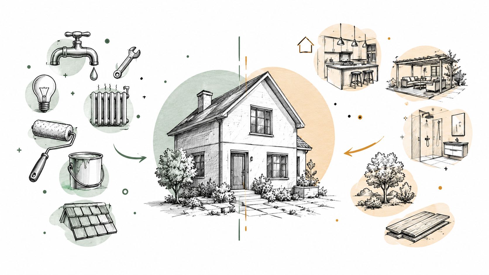 Illustration montrant divers services de rénovation, de réparation et d'aménagement pour une maison résidentielle en Suisse.