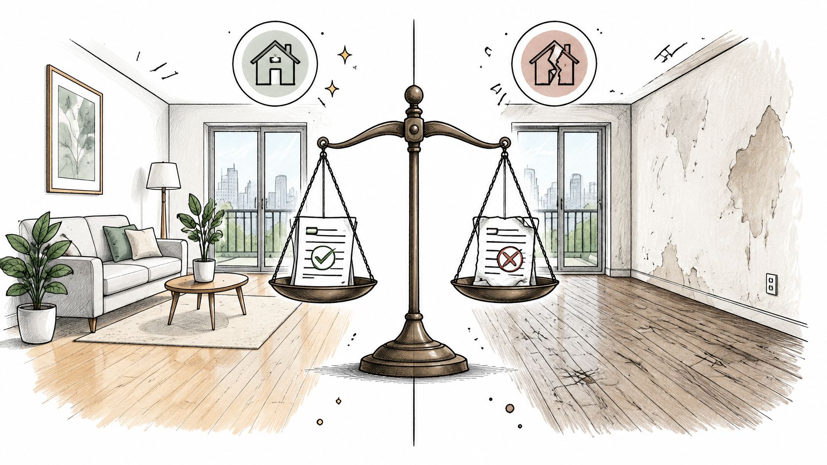 Une balance comparant un appartement bien entretenu à un logement dégradé lors d'un état des lieux.