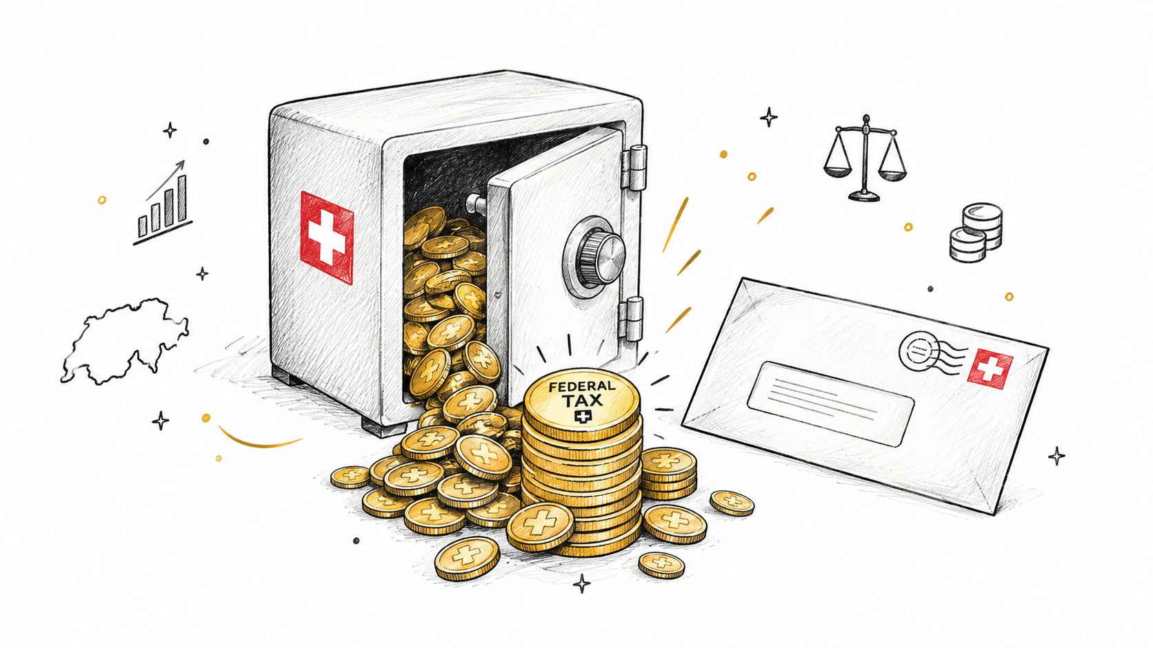 Illustration montrant un coffre-fort suisse rempli de pièces d'or représentant la fiscalité et les impôts fédéraux.
