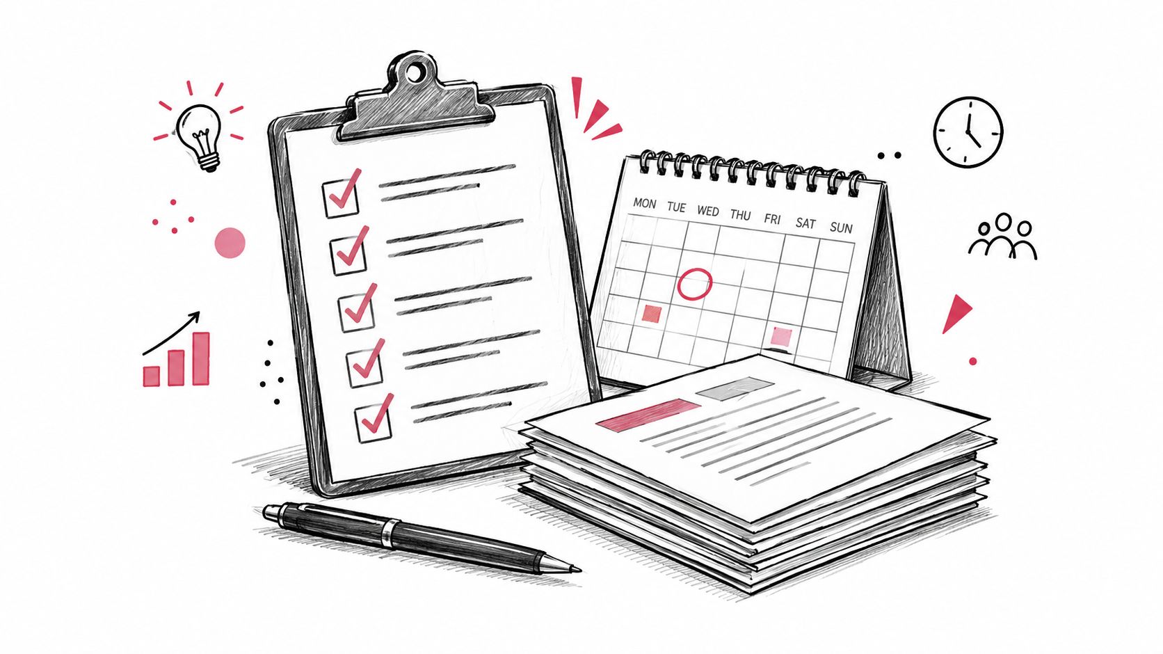 Une illustration montrant un presse-papiers avec une liste de vérification, un calendrier, des documents et un stylo.