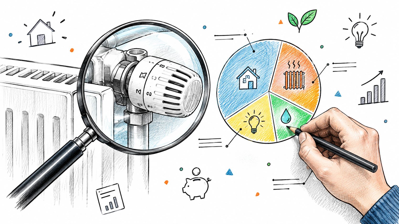Une illustration montrant une loupe sur un thermostat et une main dessinant un graphique sur l'énergie.