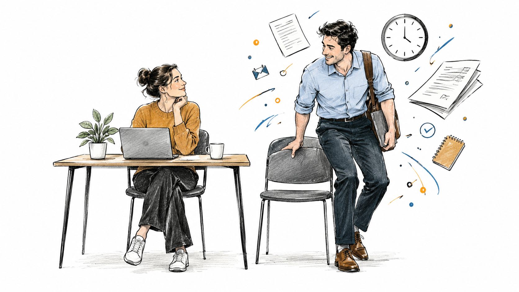 Une femme travaillant à son bureau et un homme debout, illustrant le recrutement et la collaboration professionnelle.