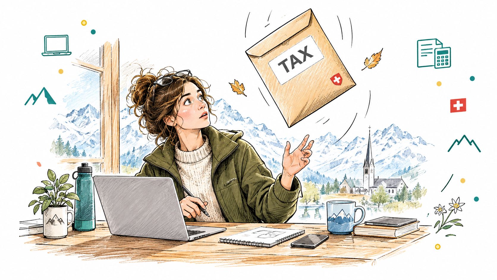 Une femme travaillant sur un ordinateur avec une enveloppe d'impôts flottant au-dessus d'un paysage montagneux suisse.