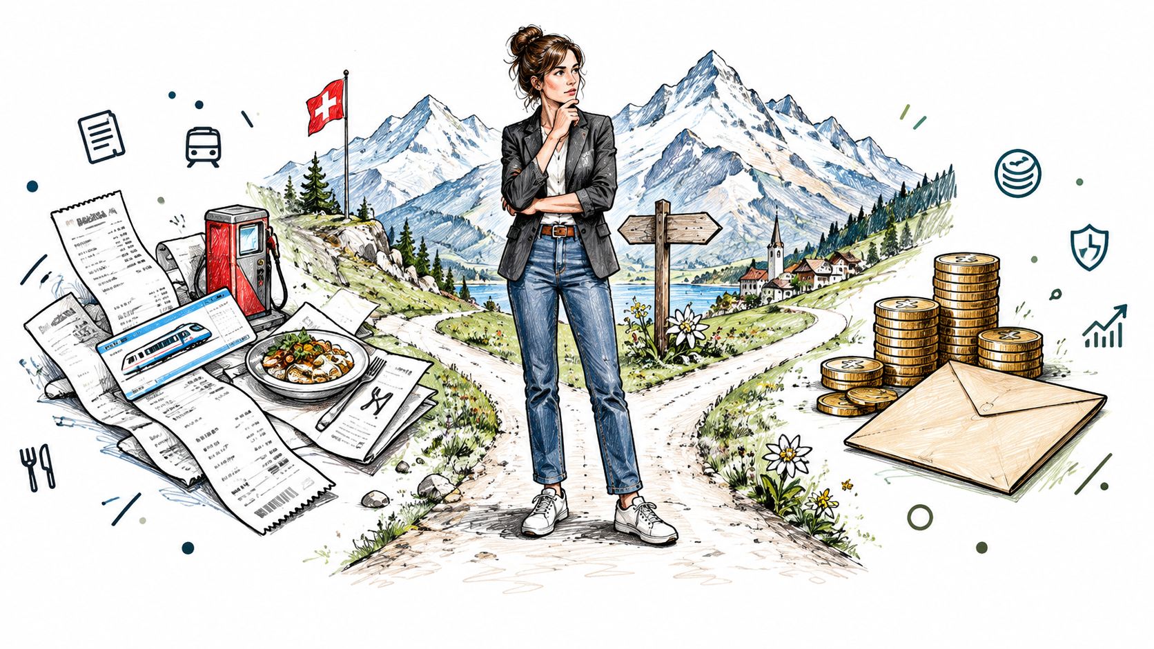 Une femme d'affaires réfléchit à des décisions financières, avec des dépenses d'entreprise et des gains à l'épargne.