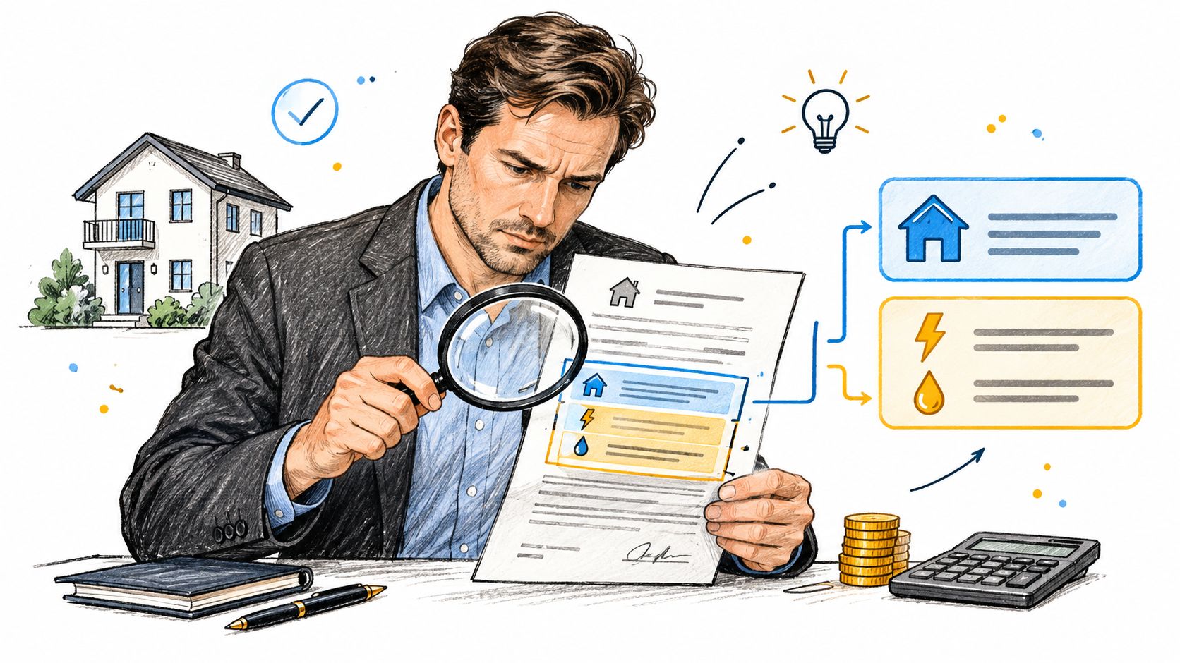 Un homme d'affaires examine attentivement des documents financiers liés à une propriété et aux coûts énergétiques associés.