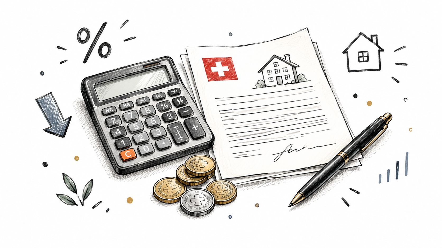 Calculatrice, pièces de monnaie, stylo et contrat de location avec une icône de maison sur fond blanc.