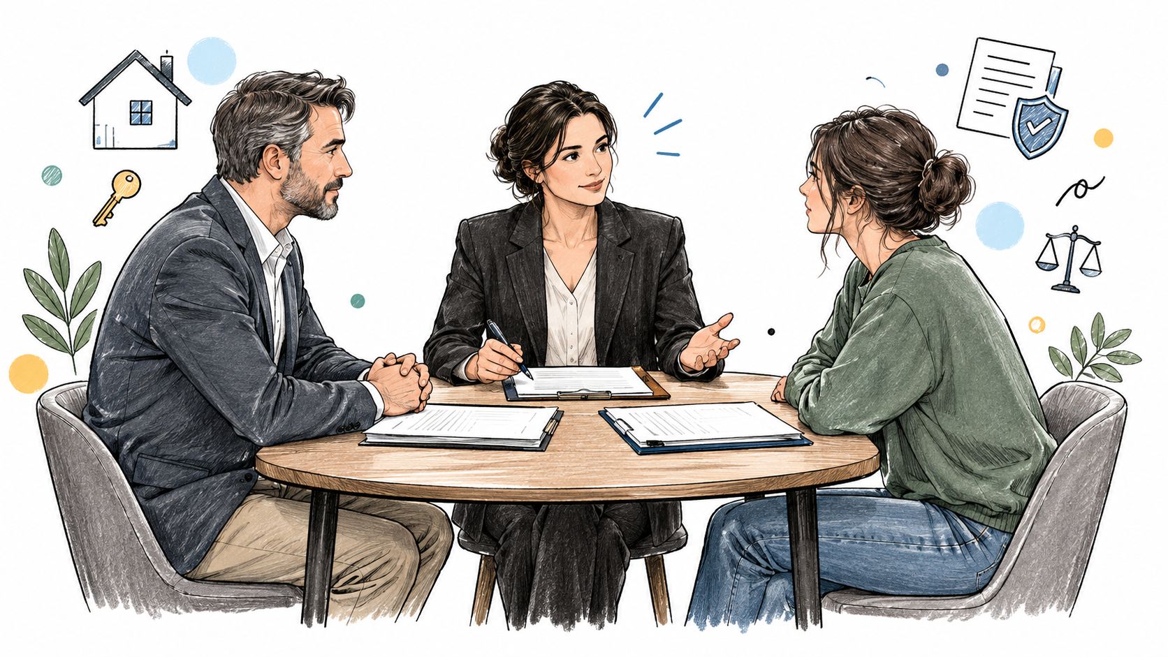 Une rencontre de médiation immobilière entre un propriétaire, une locataire et une professionnelle autour d'une table.