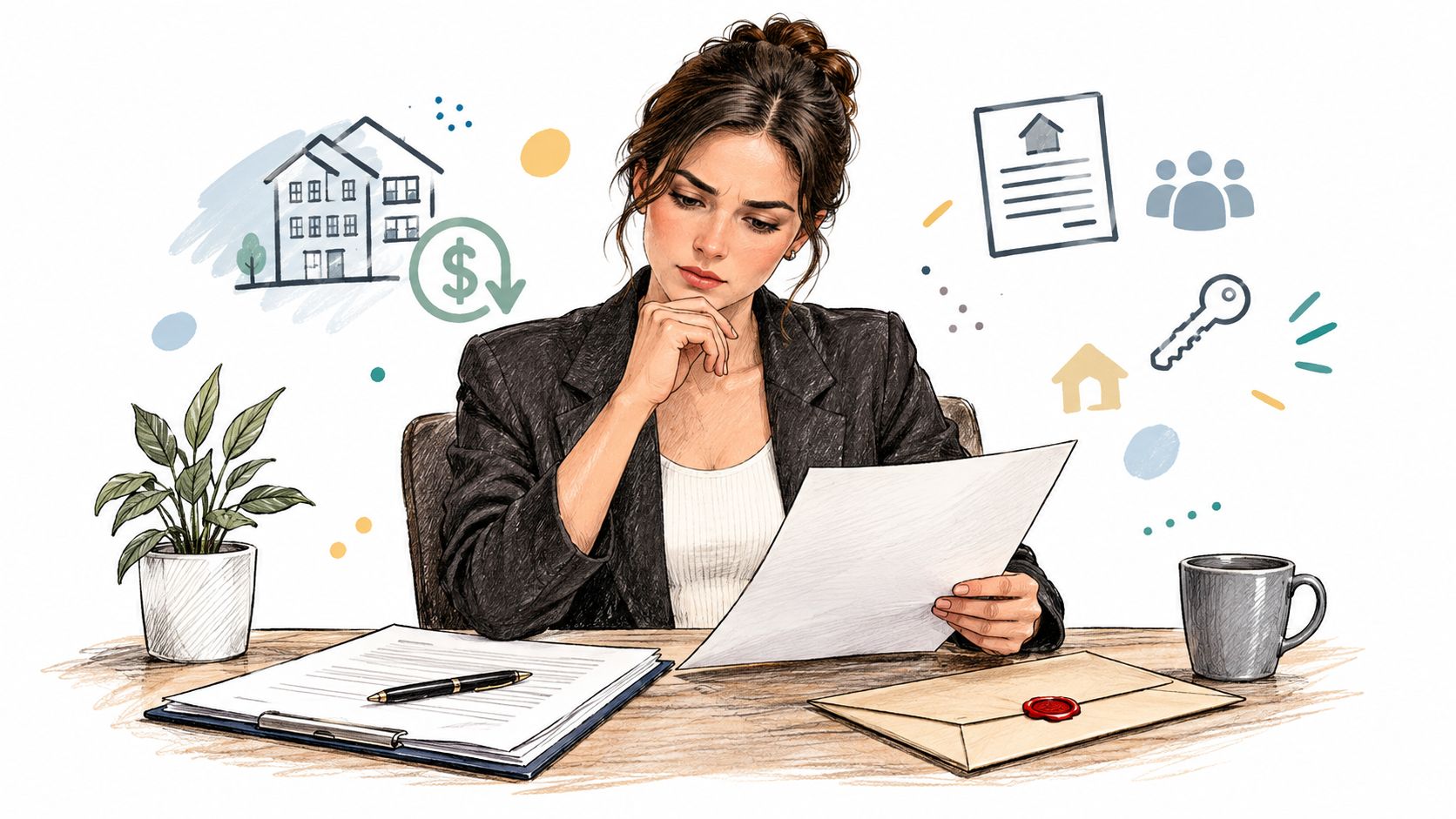 Une femme d'affaires réfléchie examinant des documents liés à la gestion immobilière et à la location.