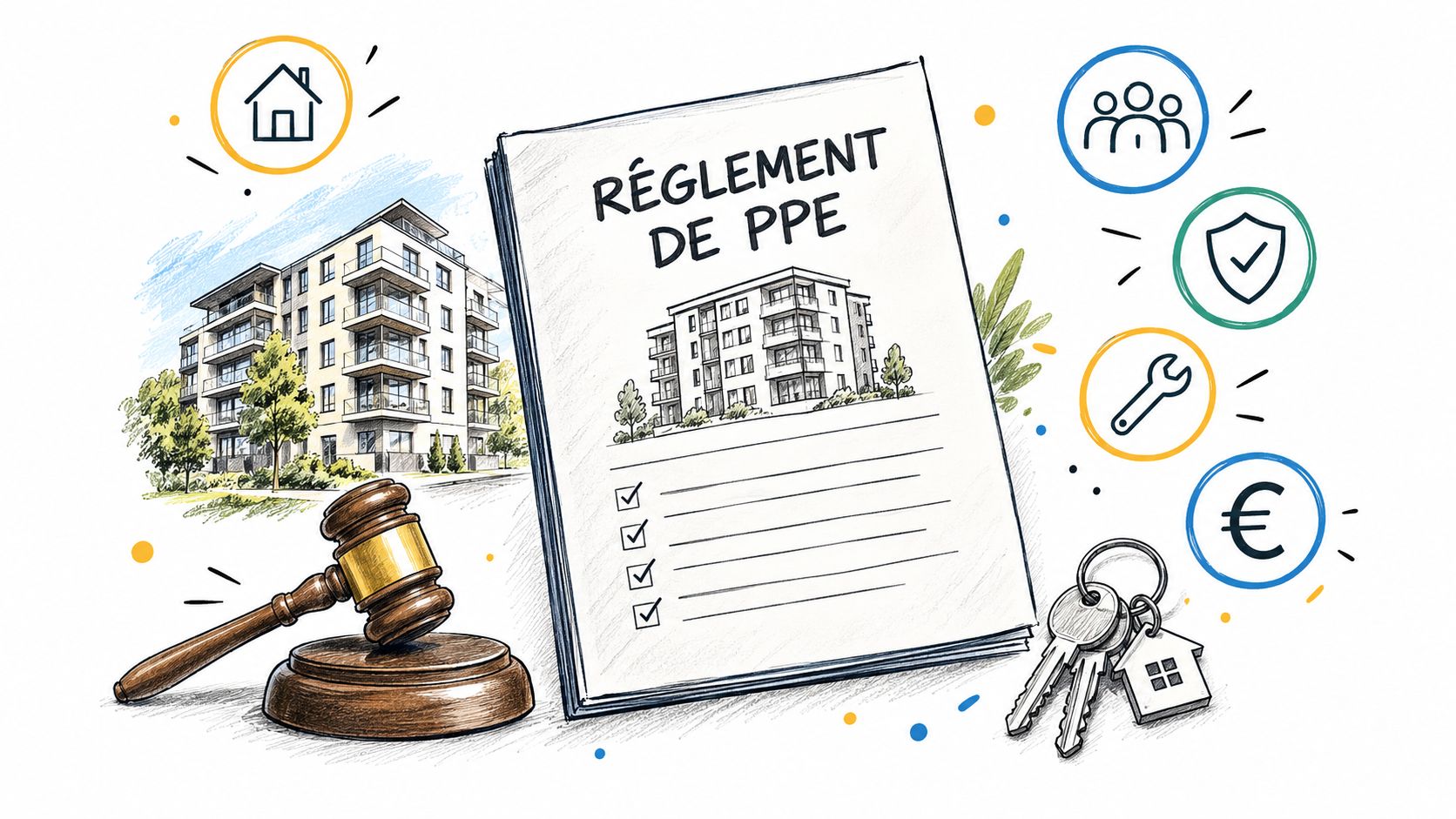 Document juridique sur le règlement de PPE avec un marteau de juge, des clés et divers icônes.