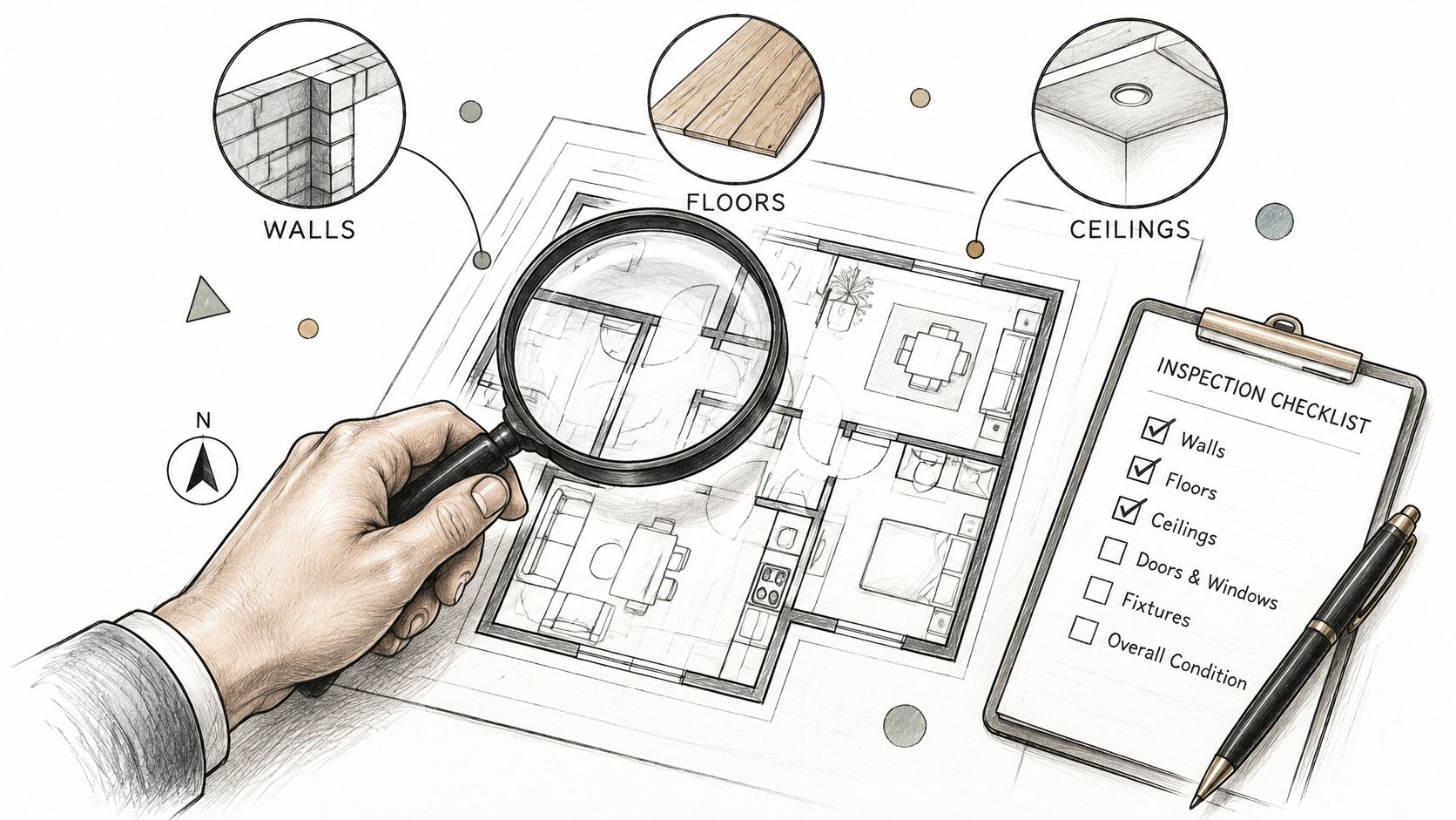 Une main tient une loupe sur un plan architectural de maison avec une liste de vérification d'inspection.