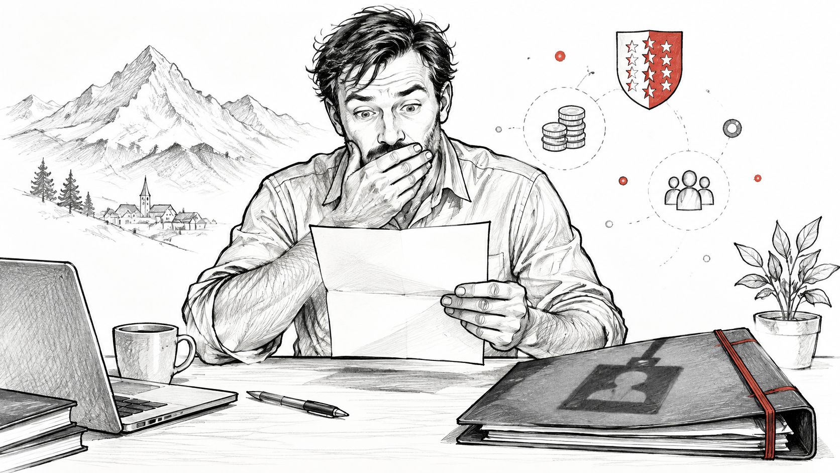 Un homme surpris lisant un courrier officiel devant son ordinateur avec un paysage de montagne en arrière-plan.